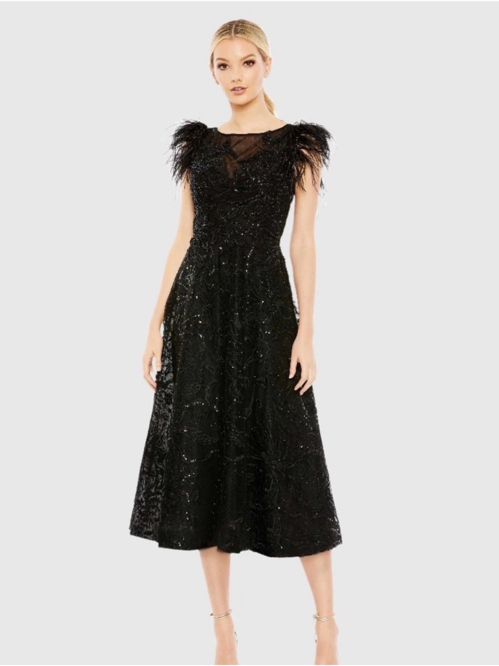 Mac Duggal Black Sequin Midi Dress with Feather Cap Sleeves